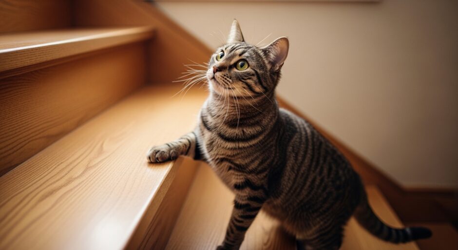 猫が階段を上るのをためらっている