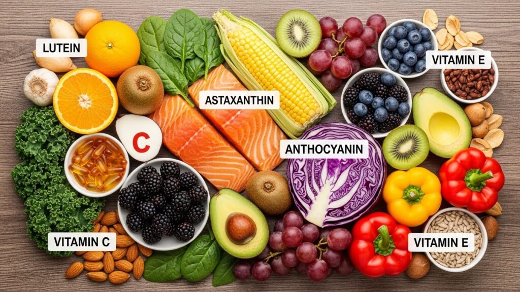 ルテイン、アスタキサンチン、アントシアニン、ビタミンC・Eなどを豊富に含む食材