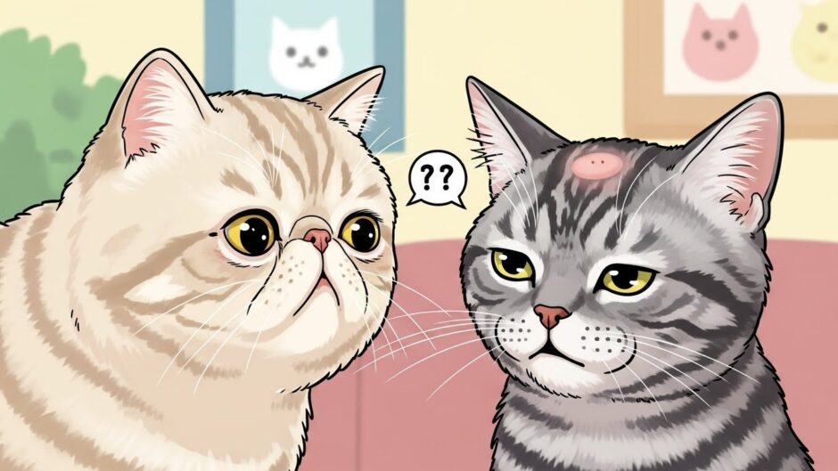 アメショに10円はげが出来ているのをエキゾチックが見てる