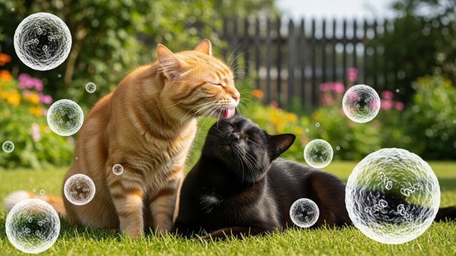 白血病ウイルスを持った猫がグルーミングをしている