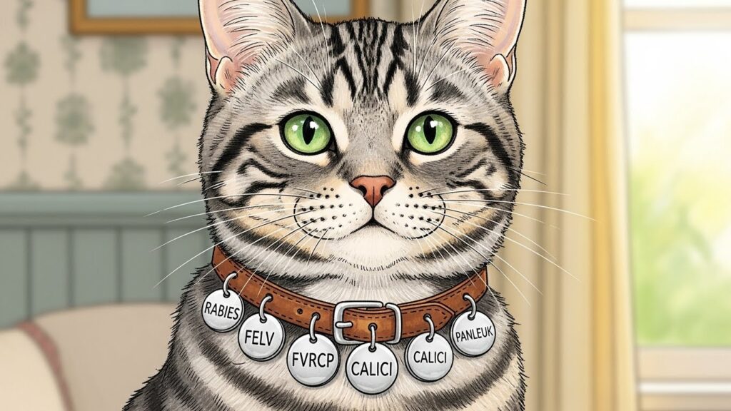 猫がワクチンのお守りをしているイラスト