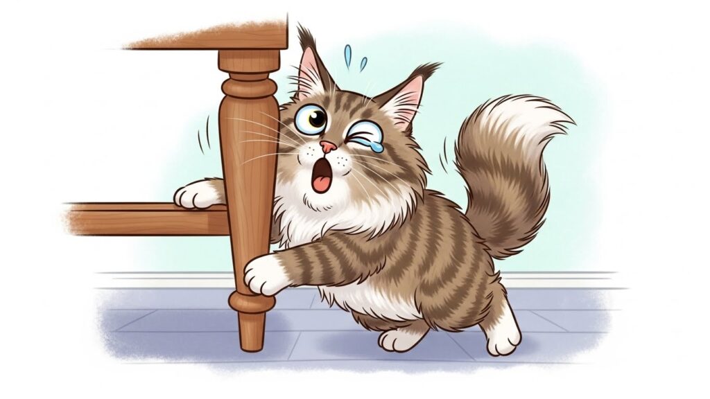 猫がテーブルの脚に頭をぶつけている